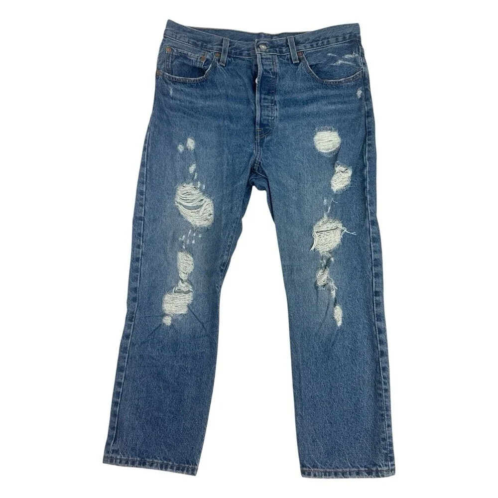 Levi's 501 Jeans Button Fly Straight Blue Med Wash Distressed S110783 Size 32x26